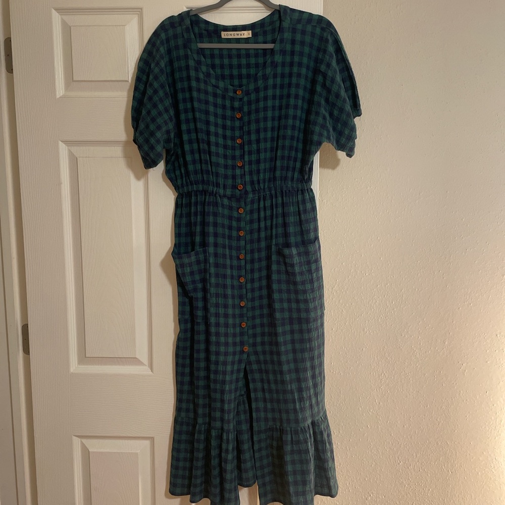 Longway green and blue gingham long dress